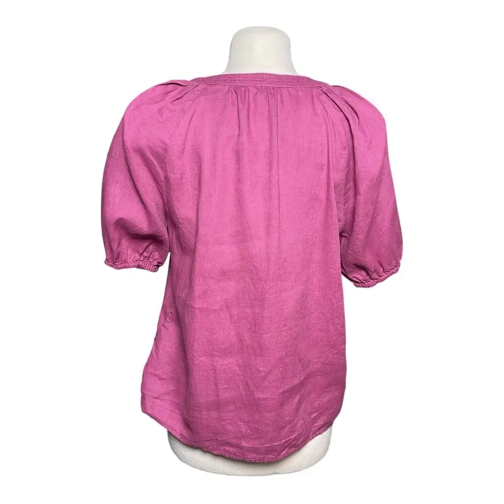 BODEN Women’s Linen Puff Sleeve Split Neck Popover Orchid Blouse